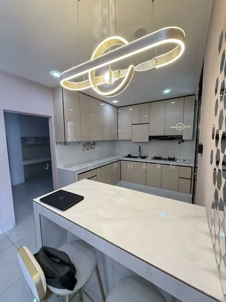 Kitchen features: white glossy cabinetry, marble countertop, stainless-steel sink, chrome pull-down faucet, built-in oven, freestanding range oven, recessed LED downlights, modern pendant light fixture, ceramic tile flooring, open layout, breakfast bar, wall-mounted cabinets, black cooktop, backsplash with decorative tiles; style: modern.