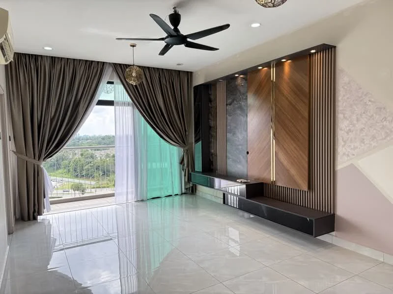 Living features: large floor-to-ceiling windows, curtains in grey and sheer fabric, white painted walls, polished ceramic tile flooring, 5-blade ceiling fan with light, wood feature wall with vertical slats, black media console, decorative pendant light, green view from window, recessed lighting; style: modern; view: garden.