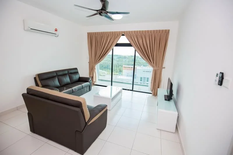 Living features: 3-seater leather sofa in black, 2-seater leather sofa in beige, white coffee table, wall-mounted TV, floor-to-ceiling sliding glass door, curtains in beige, 1 wall-mounted split AC, tile flooring in white, ceiling fan with light, decorative wall panel, view of greenery; style: modern; view: garden.