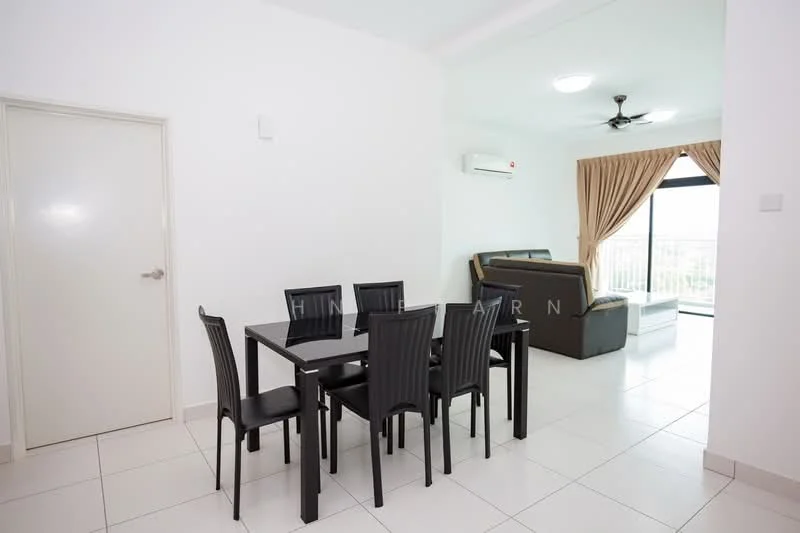 Dining features: 6-seater dining table, black dining chairs, white walls, tile flooring, air conditioning unit, ceiling fan, large window with view, curtains; style: modern; view: city. Living features: sofa, coffee table, floor-to-ceiling window, natural light, light-colored walls; style: modern; view: city.