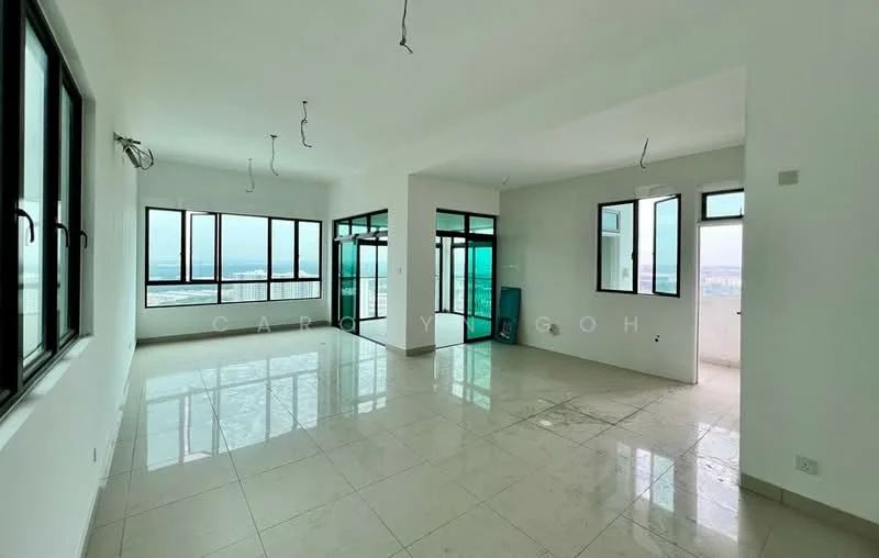 Room features: white painted walls, polished marble flooring, floor-to-ceiling windows, multiple windows with black frames, open layout, unfurnished space, ceiling with exposed wiring, city view; style: modern; view: city.