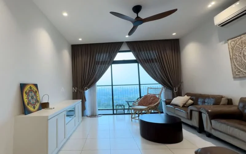 Living features: floor-to-ceiling windows, grey curtains, 3-seater brown leather sofa, round wooden coffee table, decorative wall art, ceiling fan with light, white TV console, woven chair, white tiled flooring, city view from window, recessed downlights; style: modern; view: city.