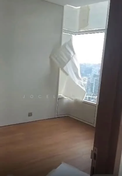 Room features: large floor-to-ceiling windows, light wood flooring, white painted walls, corner room with city view, roller blinds, minimalist design; style: modern; view: city.
