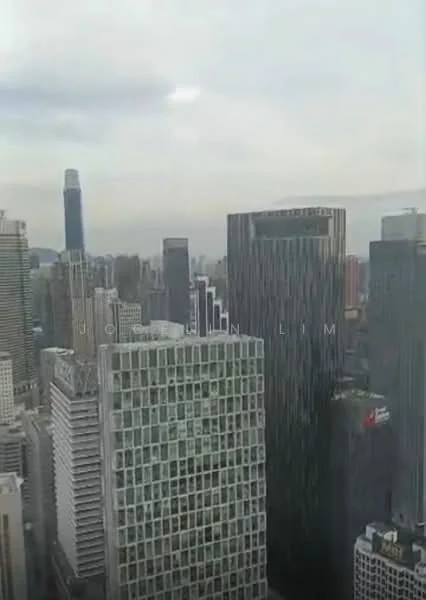 Exterior type: high-rise condominium; features: glass curtain wall, city skyline view, surrounded by urban buildings, modern architectural design; style: modern.