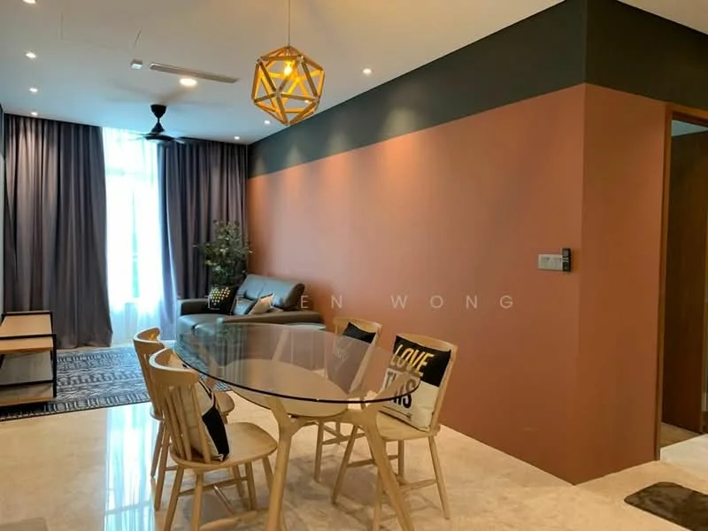 Dining features: glass dining table, 4 wooden dining chairs, decorative cushions with text, pendant light fixture, cream marble flooring, grey accent wall, brown painted wall, floor-to-ceiling windows with sheer curtains, sofa in background, area rug with geometric pattern, indoor plant in pot; style: modern.