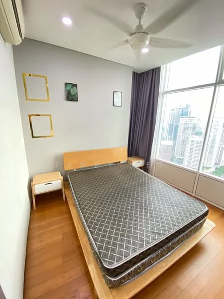 Bedroom features: queen-size bed, wooden bed frame, 2 bedside tables, floor-to-ceiling windows, city skyline view, light grey painted walls, wooden flooring, ceiling fan, recessed downlights, curtains; style: modern; view: city.