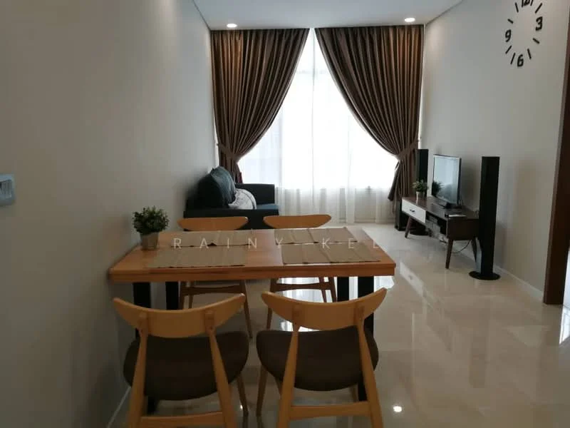 Dining features: wooden dining table, 2 wooden dining chairs, cream painted walls, marble tile flooring, floor-to-ceiling windows, sheer curtains, wall-mounted TV, TV console, sofa in dark grey, decorative plant on table, clock on wall; style: modern.