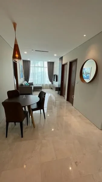 Living features: marble tile flooring, floor-to-ceiling windows, curtains, sofa, coffee table, TV console, wall-mounted TV, decorative mirror, pendant light, area rug; style: modern. Dining features: round dining table, 4 upholstered dining chairs, pendant lamp; style: modern.