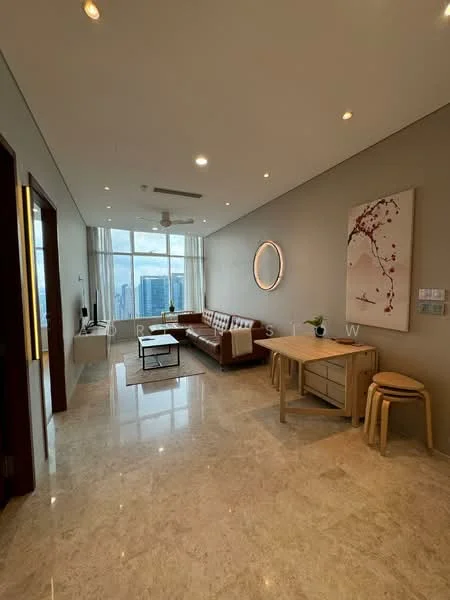 Living features: 3-seater leather sofa in brown, 2-seater fabric sofa in white, coffee table, wall-mounted TV, area rug, floor-to-ceiling windows, curtains, ceiling fan, recessed downlights, decorative mirror, artwork on wall, marble flooring; style: modern; view: city.