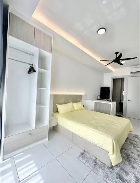 Bedroom features: queen-size bed with yellow bedding, built-in wardrobe with open shelving, wooden bedside table, ceiling fan with light, recessed LED lighting, white painted walls, white tiled flooring, TV console, window with sheer curtains; style: modern.
