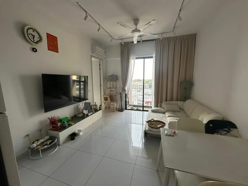 Living features: white painted walls, glossy white tile flooring, 5-blade ceiling fan with light, wall-mounted TV, white sectional sofa, glass coffee table, decorative plants on shelf, floor-to-ceiling windows with sheer curtains, dining table with chairs, clock on wall, air conditioning unit; style: modern; view: city.