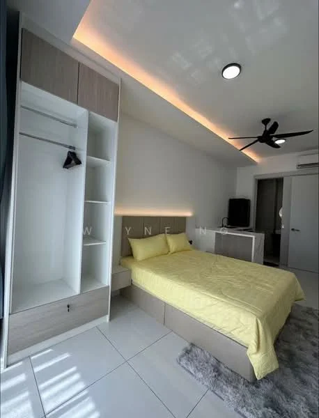 Bedroom features: queen-size bed with yellow bedding, upholstered headboard, built-in wardrobe with open shelving, white painted walls, recessed ceiling lights, 5-blade ceiling fan, grey area rug, nightstand with drawer, TV console, floor-to-ceiling window, sliding door, light wood cabinetry; style: modern.