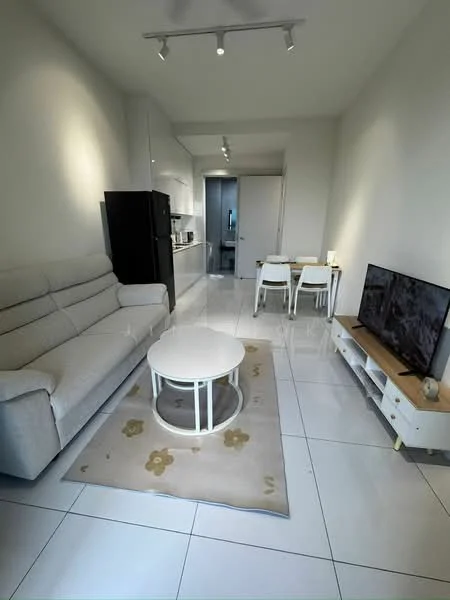 Living features: 3-seater fabric sofa in light grey, round coffee table with white top, TV console with wooden accents, wall-mounted TV, area rug with floral pattern, white tiled flooring, recessed downlights, open-plan layout to kitchen and dining area; style: modern. Dining features: 4-seater dining table in white, white dining chairs, open layout to living area, white walls; style: modern. Kitchen features: black refrigerator, built-in kitchen cabinetry, stainless-steel sink, countertop with minimalistic design, open layout to living area; style: modern.