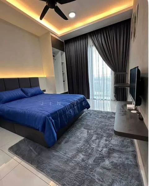 Bedroom features: king-size bed with blue bedding, upholstered headboard, floor-to-ceiling windows, sheer curtains, blackout curtains, wall-mounted TV, wooden TV console, grey area rug, recessed ceiling lighting, ceiling fan, built-in wardrobe, decorative wall paneling; style: modern; view: city.