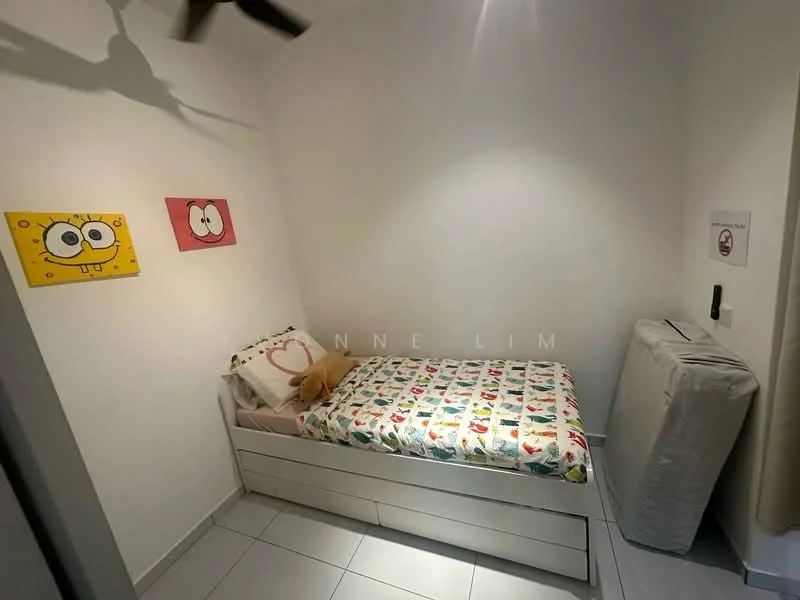 Bedroom features: single bed with colorful bedding, white painted walls, tile flooring, ceiling fan, framed artwork on walls, stuffed animal on bed, nightstand, window with treatment; style: modern.