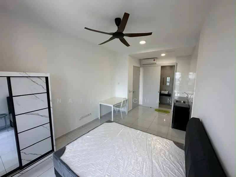 Bedroom features: queen-size bed, upholstered headboard, 5-blade ceiling fan with light, white painted walls, tile flooring, built-in wardrobe with marble design, small dining table, kitchenette with sink, refrigerator, window with natural light; style: modern.