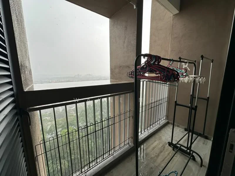 Balcony features: floor-to-ceiling windows, metal railing, concrete walls, grey tiled flooring, clothes drying rack, clothes hanger, city view; style: modern; view: city.
