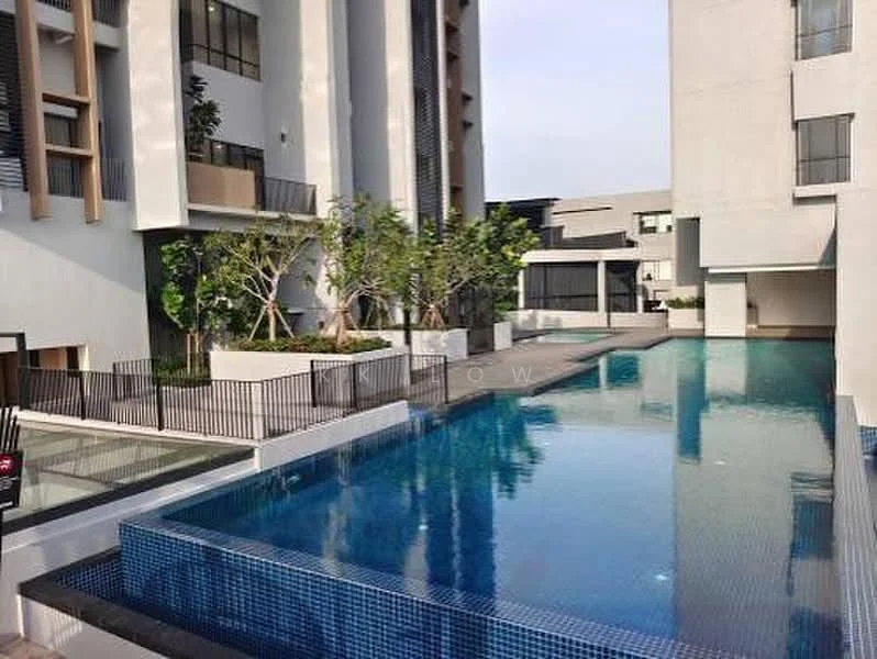 Exterior type: high-rise condominium; features: infinity pool, pool deck with loungers, landscaped garden with trees, modern architectural design, glass railing, water feature, surrounding greenery; style: modern.