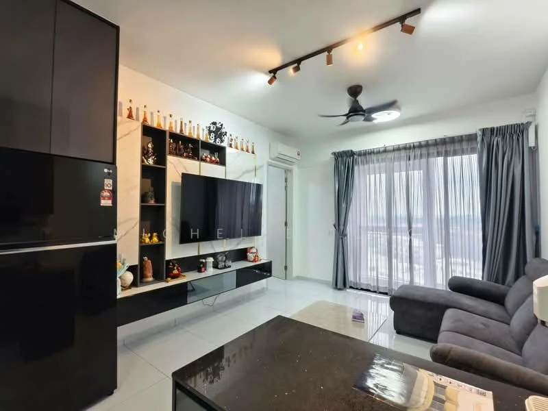Living features: grey fabric sofa, black coffee table with marble top, wall-mounted flat-screen TV, black TV console, white painted walls, recessed LED downlights, 5-blade ceiling fan, floor-to-ceiling windows with sheer curtains, tile flooring, decorative items on shelves; style: modern; view: city.