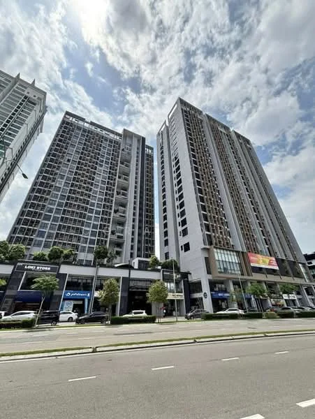 Exterior type: high-rise condominium; features: glass curtain wall, exposed concrete facade, recessed balconies, vertical fins, manicured landscaping, surrounded by mature greenery, multiple storeys, commercial units at ground level, large windows, modern architectural design; style: modern.