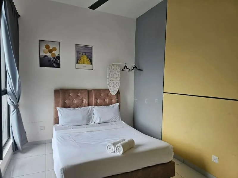 Bedroom features: queen-size bed, upholstered headboard in brown, white bedding, 2 white towels on bed, floor-to-ceiling window, grey accent wall, yellow feature wall, 2 framed artworks on wall, hanging wall lamp, curtains in light blue, white tiled flooring; style: modern; view: city.