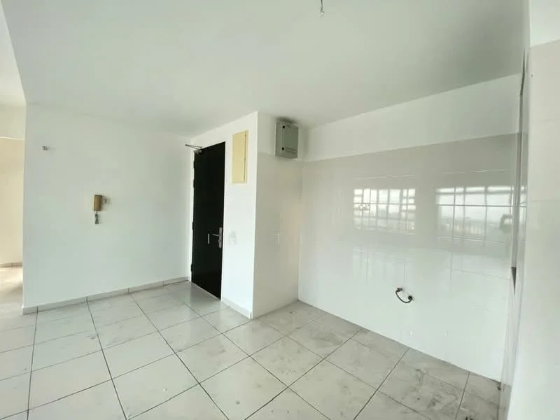 Room features: white painted walls, tile flooring, ceiling with no visible features, one wall with white tile cladding, doorway leading to another room, visible electrical outlet, window with natural light, air conditioning unit mounted on wall.