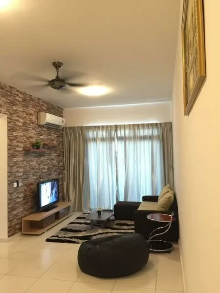 Living features: 3-seater fabric sofa in dark brown, coffee table, TV console, wall-mounted TV, area rug with geometric pattern, ceiling fan with light, sliding glass door, floor-to-ceiling curtains, exposed brick accent wall, light-colored tiled flooring, decorative wall art; style: modern.