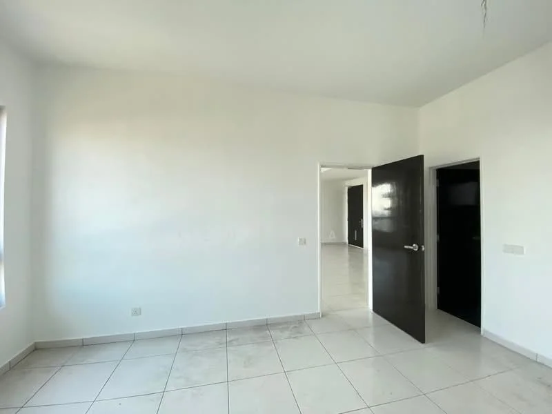 Room features: white painted walls, tile flooring, two doors, large window, natural light, plain ceiling, no visible fixtures; style: minimalist.