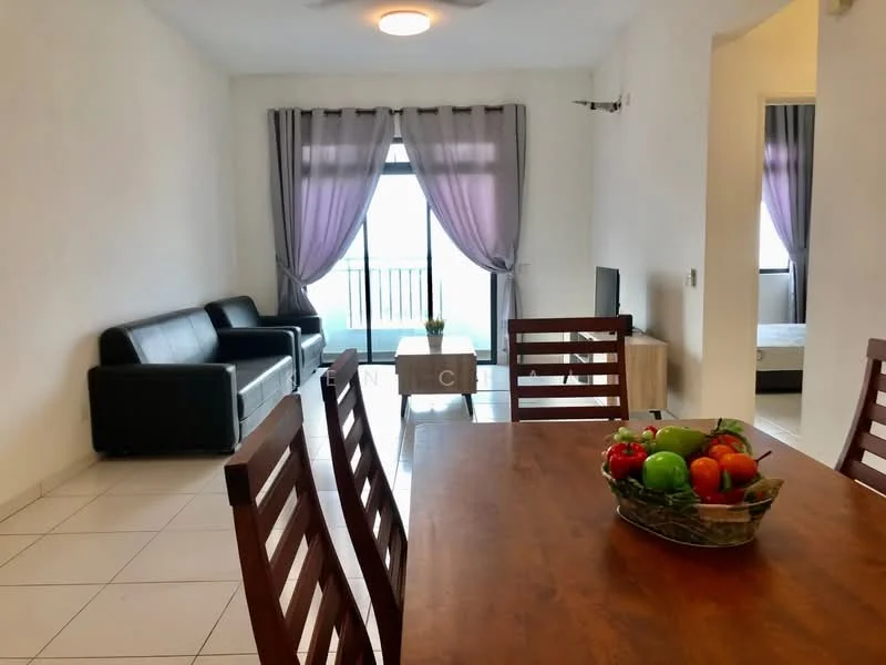 Dining features: wood dining table, 4 wooden dining chairs, fruit bowl with assorted fruits, white walls, tile flooring, ceiling light, curtains in purple, floor-to-ceiling window; style: modern; view: city. Living features: black leather sofa, wall-mounted TV, white walls, tile flooring, curtains in purple, ceiling light, floor-to-ceiling window; style: modern; view: city. Room features: doorway leading to another room.