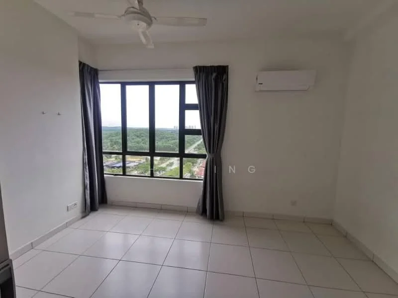 Room features: white painted walls, tile flooring, floor-to-ceiling windows, grey curtains, 1 wall-mounted split AC, ceiling fan, view of greenery; style: modern; view: garden.