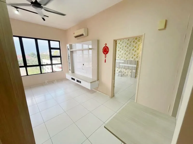 Room features: white painted walls, white tiled flooring, ceiling fan, floor-to-ceiling windows, air conditioning unit, decorative wall with floral pattern, built-in wall unit, doorway leading to another room; style: modern; view: city.