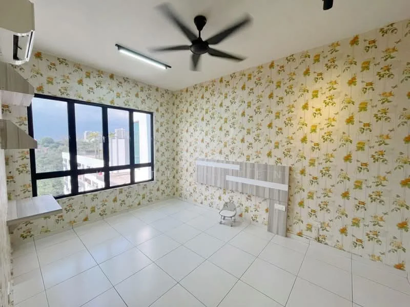 Room features: white tiled flooring, floral wallpaper, floor-to-ceiling windows, black ceiling fan, wall-mounted air conditioning unit, built-in shelving, light fixture on ceiling, neutral wall color; style: modern; view: city.