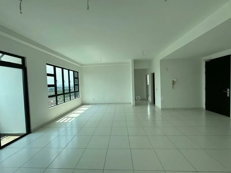 Room features: white painted walls, large floor-to-ceiling windows, white ceiling, tile flooring, multiple light fixtures, open layout, natural light, city view; style: modern; view: city.