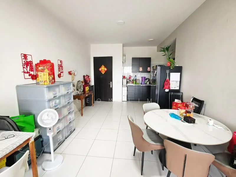 Dining features: white tiled flooring, light grey painted walls, round dining table, upholstered dining chairs, kitchen cabinetry in black, stainless-steel fridge, microwave, kettle, decorative wall hangings, open shelving, plastic storage drawers, ceiling light fixture, fan, countertop with kitchen appliances; style: modern.