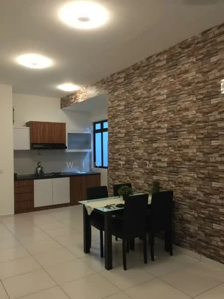 Kitchen features: white cabinets, brown wooden cabinetry, stainless-steel sink, built-in gas stove, exhaust hood, white tiled backsplash, stone accent wall, recessed ceiling lights, tile flooring, dining table with four black chairs, large window, open layout; style: modern.