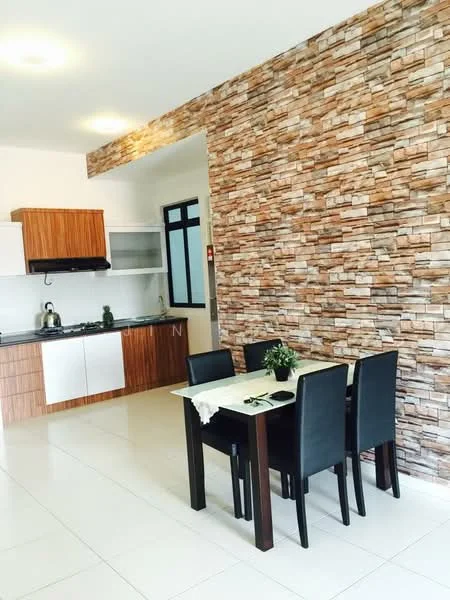 Dining features: dining table with four black chairs, stone feature wall, white painted walls, kitchen cabinetry with wood finish, black countertop, stainless-steel sink, built-in kitchen cabinets, ceramic tile flooring, recessed ceiling lights; style: modern.
