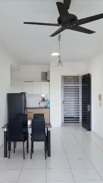 Dining features: 4-seater dining table, black dining chairs, white walls, tile flooring, ceiling fan with 5 blades, recessed downlights, kitchen area visible in background, black fridge, kitchen cabinetry, sliding door to entrance; style: modern.