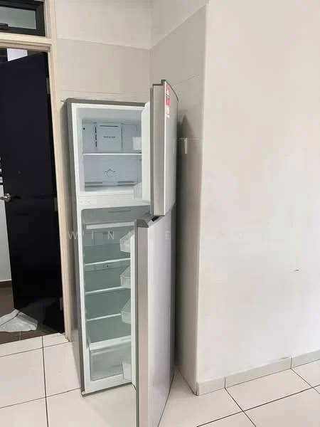 Room features: stainless-steel fridge, white tiled flooring, light grey walls, door leading to another room.