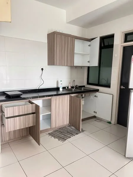 Kitchen features: laminate cabinetry in light wood finish, black countertop, stainless-steel sink, single-bowl sink, chrome faucet, white tiled walls, white tiled flooring, open shelving, built-in cabinets, window with black frame, kitchen rug; style: modern.