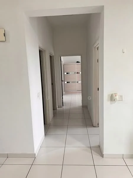 Hallway features: white painted walls, white ceiling, ceramic tile flooring, multiple doorways, recessed lighting, neutral color scheme; style: modern.