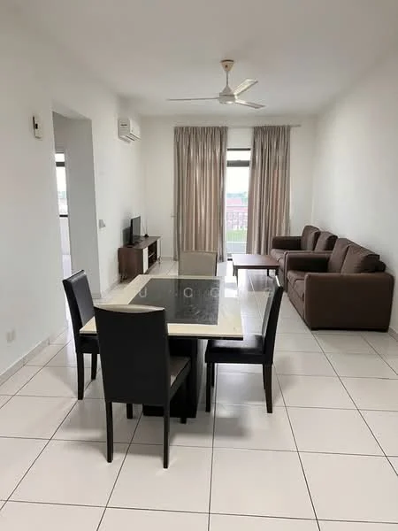 Living features: 3-seater fabric sofa in brown, 2-seater fabric sofa in brown, coffee table with marble top, TV console, wall-mounted TV, floor-to-ceiling windows, sheer curtains, white painted walls, tile flooring, 5-blade ceiling fan with light, air conditioning unit; style: modern; view: city. Dining features: 6-seater dining table with marble top, black dining chairs, white painted walls, tile flooring; style: modern.