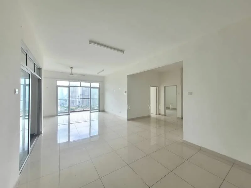 Living features: white painted walls, glossy ceramic tile flooring, floor-to-ceiling windows, sliding glass door, 5-blade ceiling fan, recessed downlights, open layout, natural light, neutral color palette; style: modern; view: city. Room features: white painted walls, glossy ceramic tile flooring, neutral color palette.