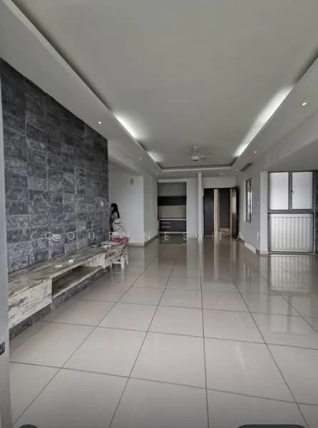 Living features: grey stone accent wall, white painted walls, glossy beige tile flooring, recessed downlights, ceiling fan, built-in TV console, large windows, open layout; style: modern. Room features: white painted walls, glossy beige tile flooring, recessed downlights, ceiling fan.
