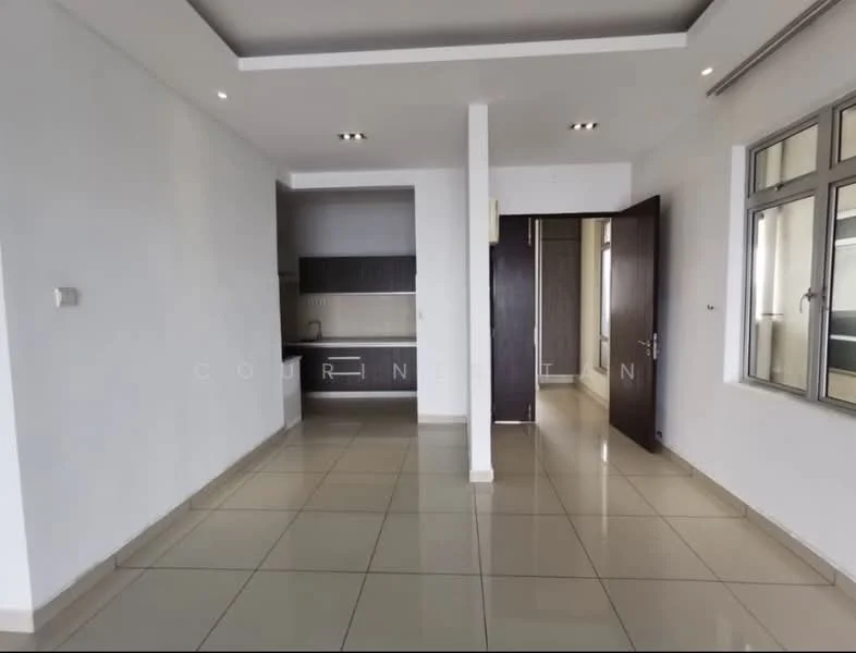Living features: white painted walls, tile flooring, recessed downlights, large windows, open layout, neutral color scheme, doorway leading to another room, kitchen area visible in the background; style: modern.