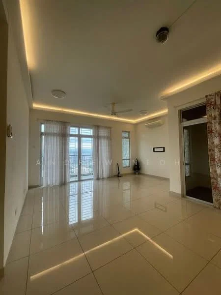 Living features: white painted walls, glossy tile flooring, 5-blade ceiling fan with light, recessed LED downlights, floor-to-ceiling windows, sheer curtains, sliding glass door, decorative wall lighting, air conditioning unit, area rug, open layout; style: modern; view: city.