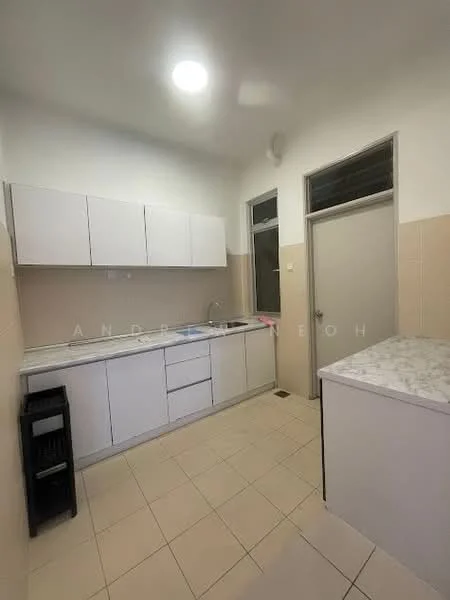 Kitchen features: white cabinetry, marble countertop, single-bowl stainless-steel sink, chrome pull-down faucet, built-in oven, freestanding range oven, ceramic tile flooring, wall-mounted light fixture, window for natural light, neutral wall color, door leading to another room, open shelving, space for refrigerator, tile backsplash; style: modern.