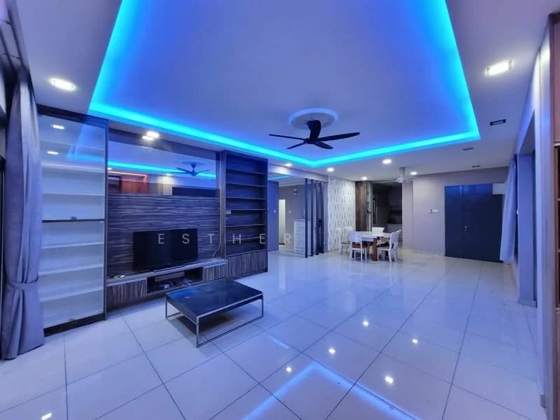 Living features: white painted walls, polished ceramic tile flooring, 5-blade ceiling fan with integrated LED light, recessed LED downlights, wall-mounted TV, glass coffee table, built-in shelving unit, dining area with 4-seater dining table, grey curtains, blue LED accent lighting, open layout, decorative wall with patterned wallpaper; style: modern.