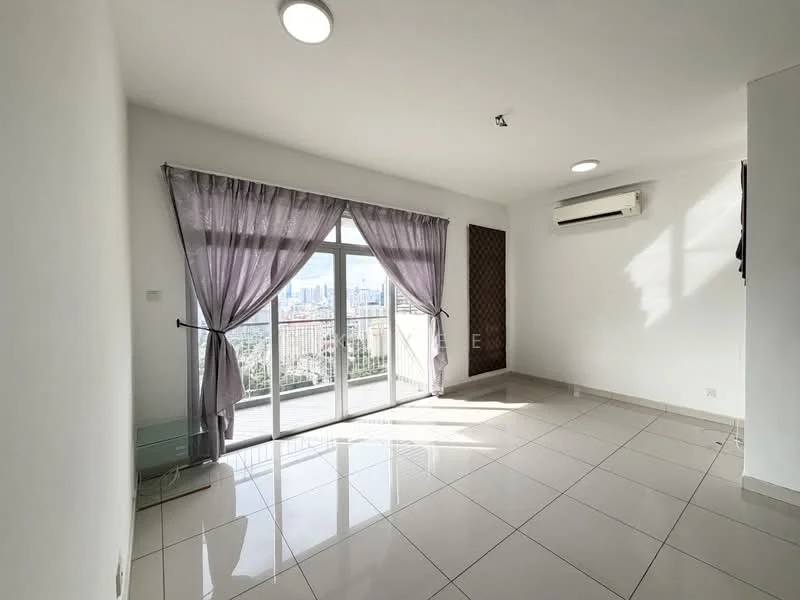 Living features: white painted walls, glossy ceramic tile flooring, floor-to-ceiling sliding glass door, sheer curtains, wall-mounted split AC, recessed downlights, balcony view of city skyline, neutral color scheme; style: modern; view: city.