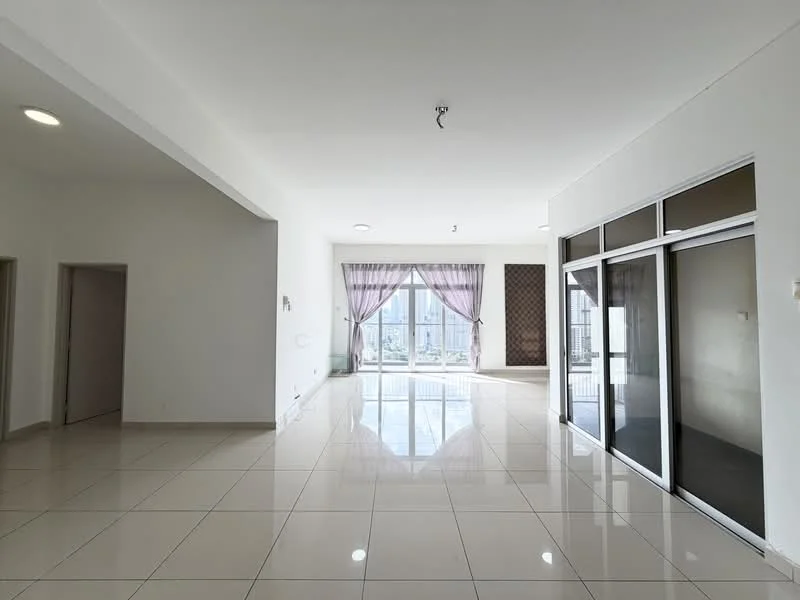 Living features: white painted walls, glossy porcelain tile flooring, large floor-to-ceiling windows, sheer curtains, recessed downlights, open layout, access to balcony, neutral color scheme; style: modern; view: city. Room features: white painted walls, glossy porcelain tile flooring, doorway leading to other rooms.