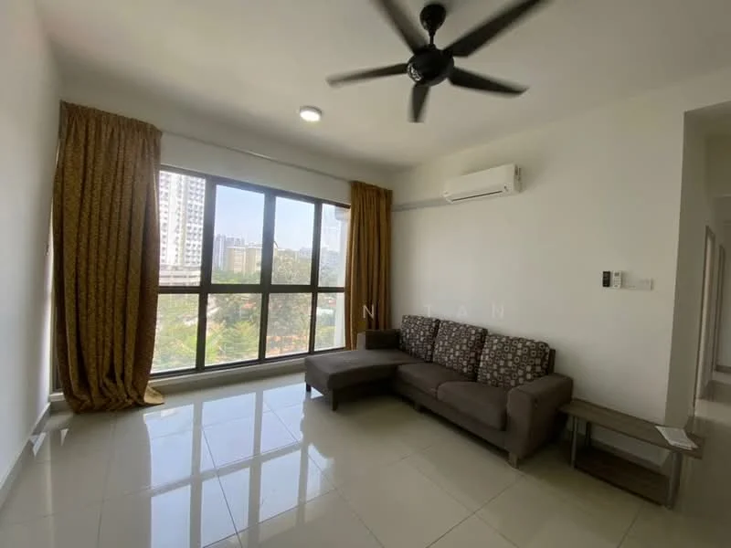 Living features: 3-seater fabric sofa in brown, coffee table, floor-to-ceiling windows, curtains in gold, white painted walls, polished tile flooring, ceiling fan, wall-mounted split AC; style: modern; view: garden.